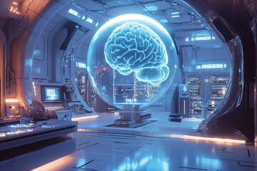 brain in a glass ball in a futuristic laboratory