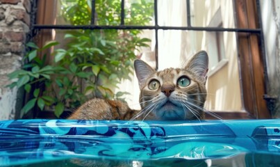 Poster - A cat sits in an inflatable pool and looks up at something. AI.