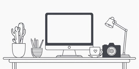 Poster - Simple line illustration of a morning work setup.