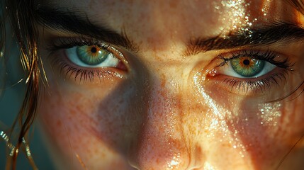 Wall Mural - Close-up Portrait of a Woman with Green Eyes and Freckles