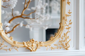 Wall Mural - A golden-framed mirror reflects delicate branches, showcasing elegant details in a serene interior setting.