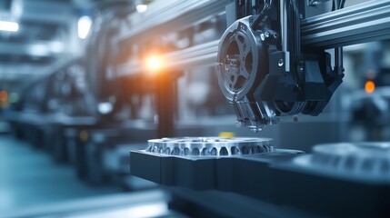 Poster - advanced robotic arm assembling precision parts in a modern manufacturing facility during daytime op