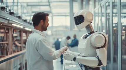 Poster - A technician interacts with a humanoid robot in a modern industrial facility focused on automation and technology development