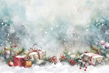 Poster - Christmas scene in watercolor with delicate snowflakes and whimsical holiday props.