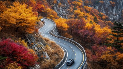 Poster - A car is driving down a curvy road with autumn leaves on the trees