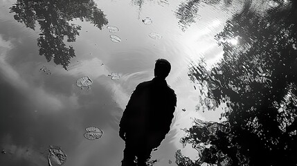 Canvas Print - Silhouette of a Person Reflecting in Still Water