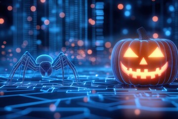 Poster - Cybersecurity Halloween: Jack-o'-lantern and spider on a digital circuit board, symbolizing the spooky side of online threats. Perfect for Halloween-themed cybersecurity awareness campaigns. 