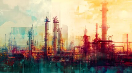 Wall Mural - A painting of a city skyline with many tall buildings and a large industrial area. The colors are bright and the sky is filled with clouds. The mood of the painting is one of energy and industry