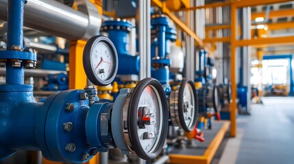 A blue and orange pipe with a red and white gauge on it. The gauge is showing the time as 10:30