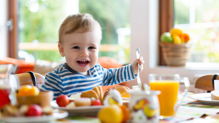 Joyful child enjoying a hearty breakfast at the kitchen table