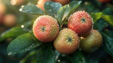 Canvas Print - Close Up of Red Apples with Dew Drops on a Branch