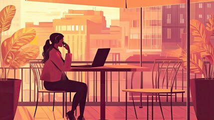 Poster - A Woman Working on a Laptop on a Balcony Overlooking the City