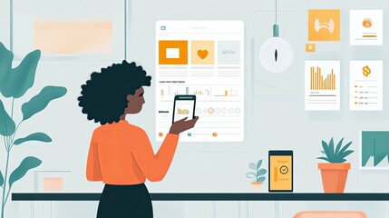 Poster - Woman analyzing data on her phone and a large computer screen