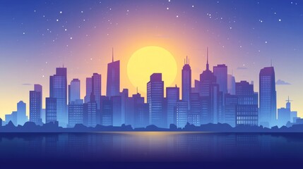 Wall Mural - Colorful skyline at sunset with vibrant sun and reflections over calm water, creating a serene urban landscape