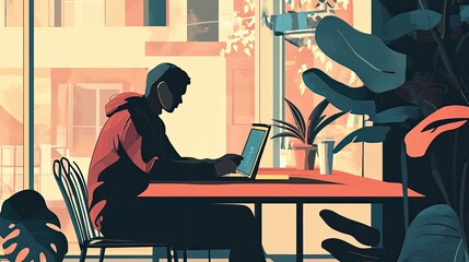 Poster - A Man Sitting at a Table Using a Laptop in a Cafe