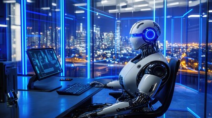 Ultra-high resolution depiction of a humanoid robot in a futuristic office setting with blue LED lighting and glass walls. The robot is seated at a desk with a keyboard and monitor, with a cityscape