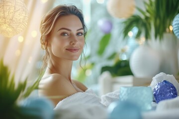 Wall Mural - High-resolution brightly lit photorealistic candid photograph of a beautiful presenter woman in a spa, surrounded by calming spa decorations, smiling softly as she enjoys a serene moment. The