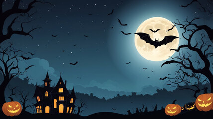 Spooky Halloween Night with Moon and Bats