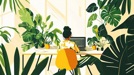 Poster - Woman Working at a Desk Surrounded by Lush Plants