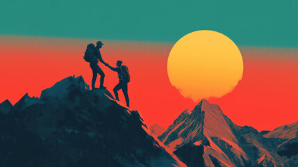 Wall Mural - Hiker helping friend reach the mountain top, Generative Ai illustration
