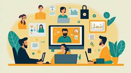 Poster - A team of people working together on a video call, with laptops, graphs, and icons illustrating a collaborative work environment.