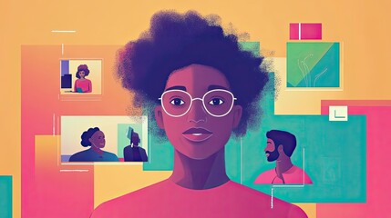 Poster - Portrait of a Black Woman with Afro Wearing Glasses Against a Colorful Geometric Background