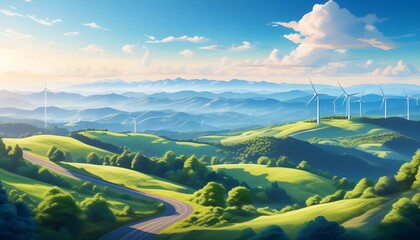 Wall Mural - Breathtaking rolling hills adorned with wind turbines beneath a vibrant blue sky, highlighting the beauty of renewable energy in nature.