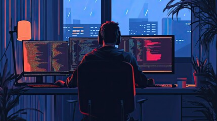 Poster - A Programmer Working Late at Night in a City Apartment