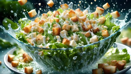 Vibrant Caesar salad with crispy lettuce, crunchy croutons, and a splash of dressing showcasing a healthy and appetizing meal choice