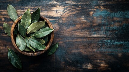 Poster - Fresh Bay Leaves in Wooden Bowl on Rustic Table