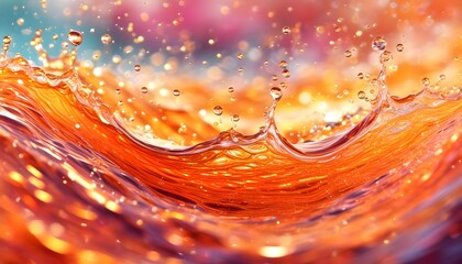 Vibrant orange liquid splash with sparkling droplets, creating an energetic and colorful abstract backdrop