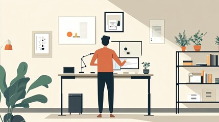 Poster - Man Working at a Standing Desk in a Minimalist Office