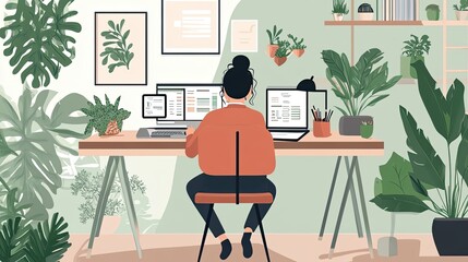 Poster - Woman Working at a Desk with Multiple Monitors Surrounded by Plants