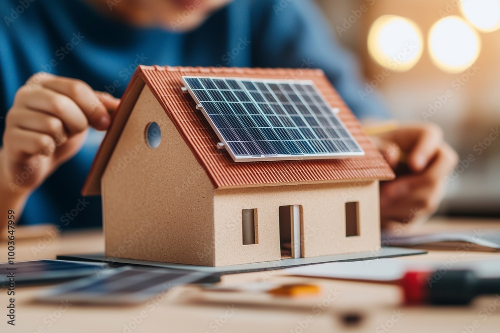 Kid assembling solar panels on a miniature house, renewable energy ...