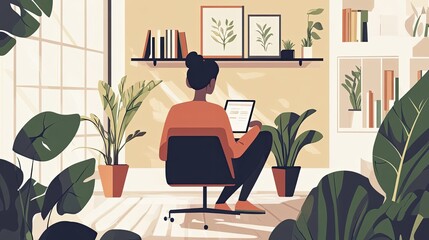 Poster - A Woman Working on a Laptop in a Bright, Minimalist Home Office