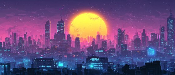 Wall Mural - A vibrant sunset illuminates a futuristic city skyline with colorful buildings and a glowing atmosphere during twilight hours