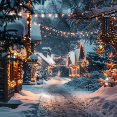 Poster - Snowy village scene with holiday lights and decorations.