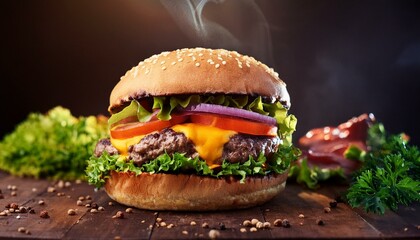 cheeseburger with meat burger and fresh vegetables - healthy food, natural ingredients, dark