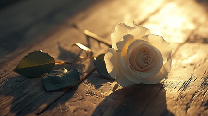 Poster - A single white rose lying on a rustic wooden surface, illuminated by soft sunlight, evoking a sense of purity and remembrance.