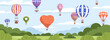 © Good Studio - Hot air balloons floating in sky over beautiful nature landscape. Aerial adventure, travel on summer holiday, outdoor festival with many baloons flying in air, panorama. Flat vector illustration