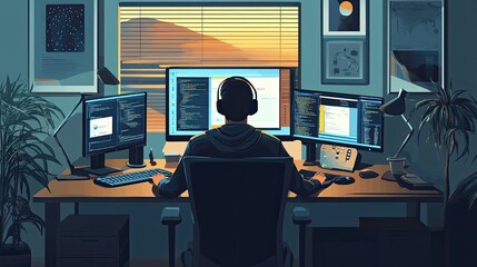 Poster - A Coder Working Late at Night With a View of a Sunset