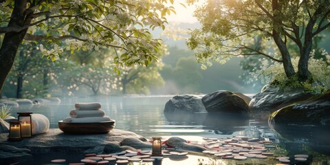 Sticker - A serene and peaceful scene of a lake with a wooden bathtub and a few towels