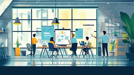 Poster - Businesspeople collaborating around a whiteboard in a modern office.