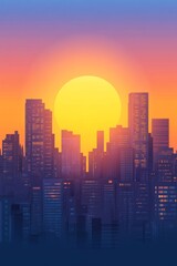 Wall Mural - Stunning sunset over a modern city skyline with skyscrapers silhouetted against vibrant orange and purple skies