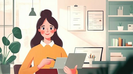 Poster - A Smiling Woman Working on a Digital Tablet in a Modern Office