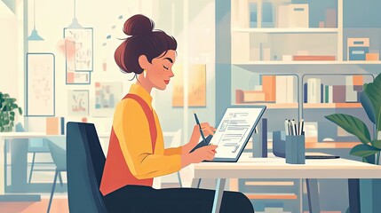 Poster - A woman in a yellow shirt sits at a desk and works on a tablet