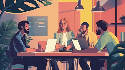 Poster - A group of colleagues working together at a table with laptops.