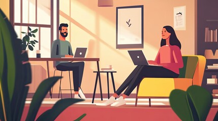 Poster - A man and a woman working on their laptops in a modern office setting