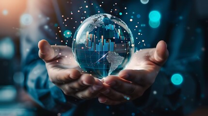 Poster - Person's hands hold a glowing globe with data visualizations symbolizing global business growth and technological advancements.