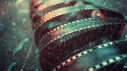 Poster - close-up shot of a filmstrip with raindrops falling on it. the image evokes a sense of nostalgia and